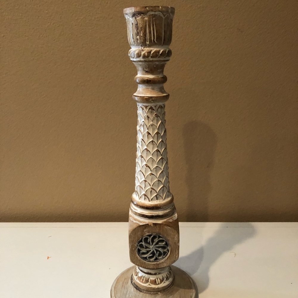 Candlestick white shabby wash chic wood 16” high